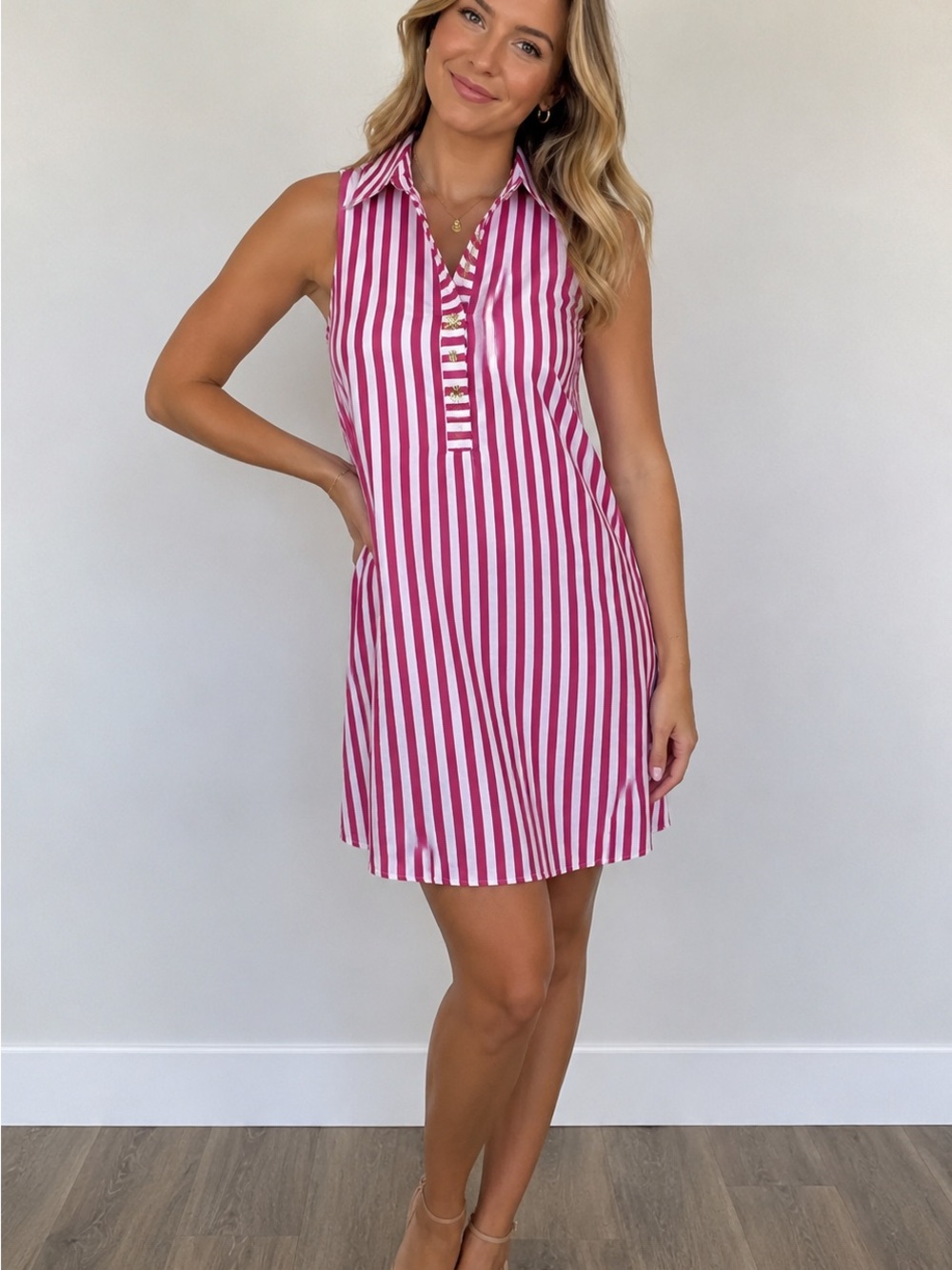 entro Pink and White Striped Sleeveless Collared Top